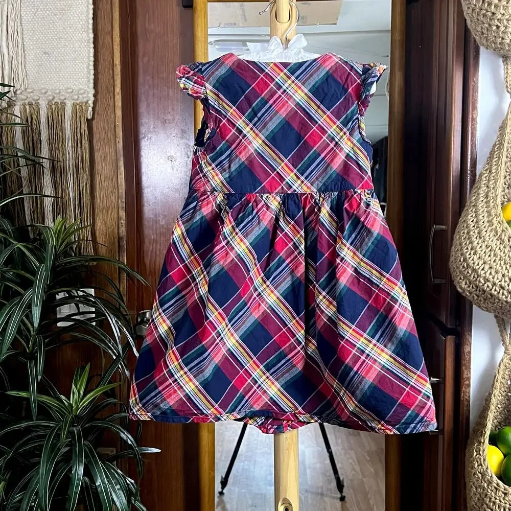 Gymboree Toddler Dress 4T Red Madras Plaid Apple Button Ruffle Cap Sleeve Cotton